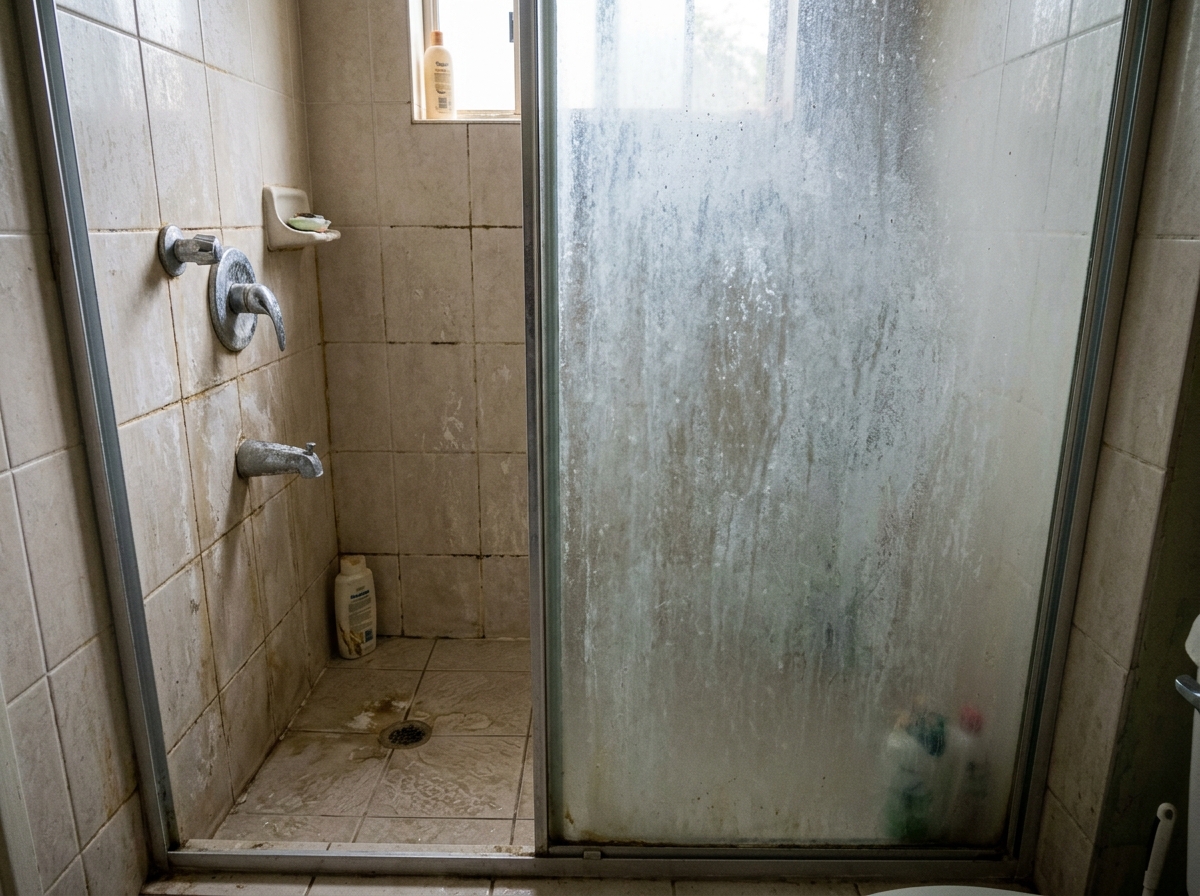Hard borewell water limescale on shower glass in Gurugram