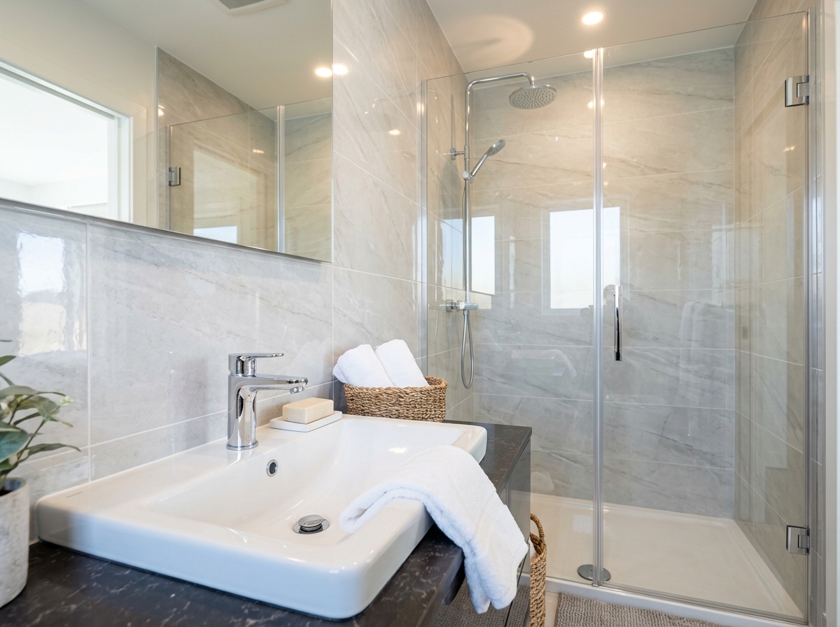 Crystal clear shower glass and descaled chrome taps