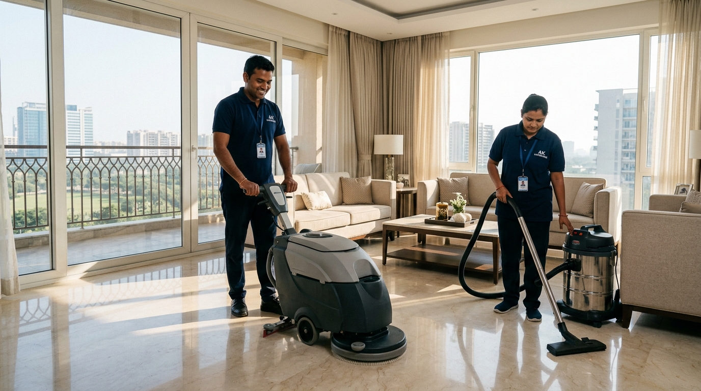 AK Enterprises Indian housekeeping team operating mechanized scrubber machine in luxury Delhi apartment
