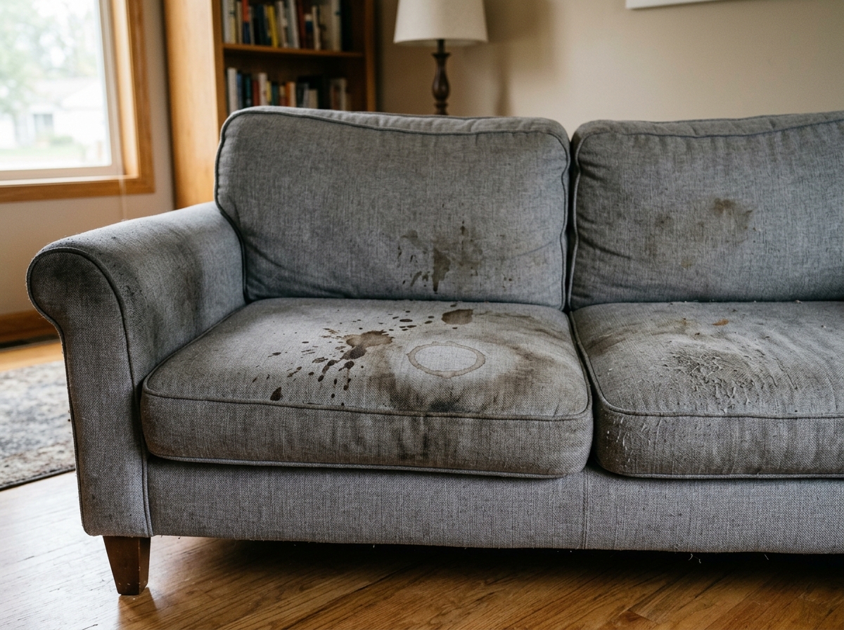 Fabric couch with tea stains and dust in Noida apartment
