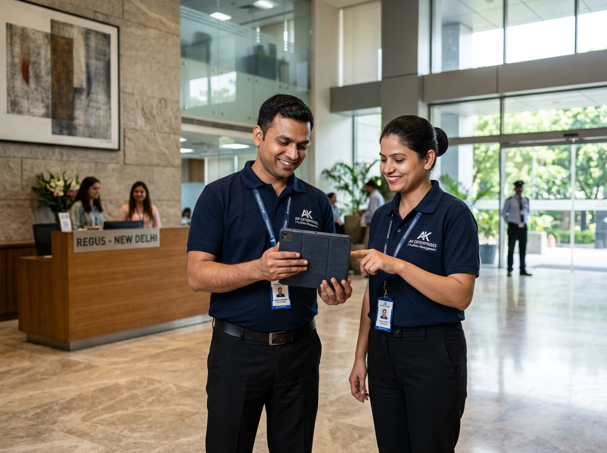 AK Enterprises Indian facility supervisors in New Delhi office with digital checklist